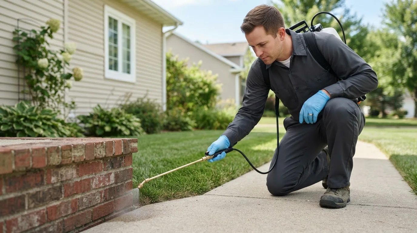 Pest control technician treating a home near Mcdonough, NY
