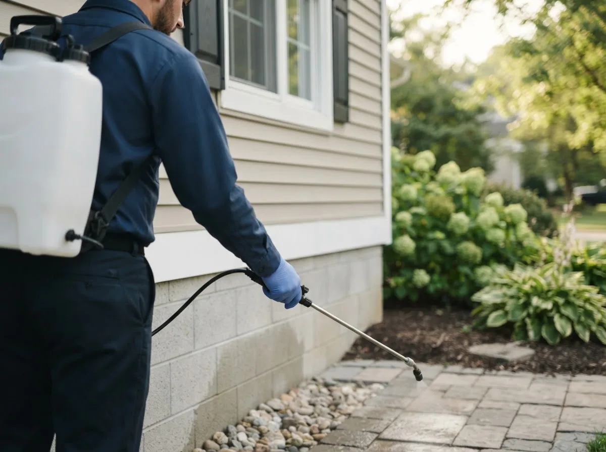 Pest control technician inspecting a home in Mcdonough, NY